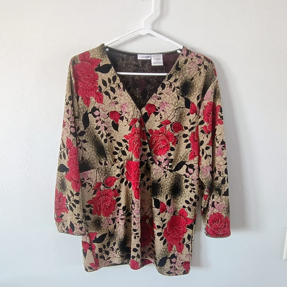 East 5th Floral Wrap Blouse XL Stretch V Neck Career Office Chic Top Plus